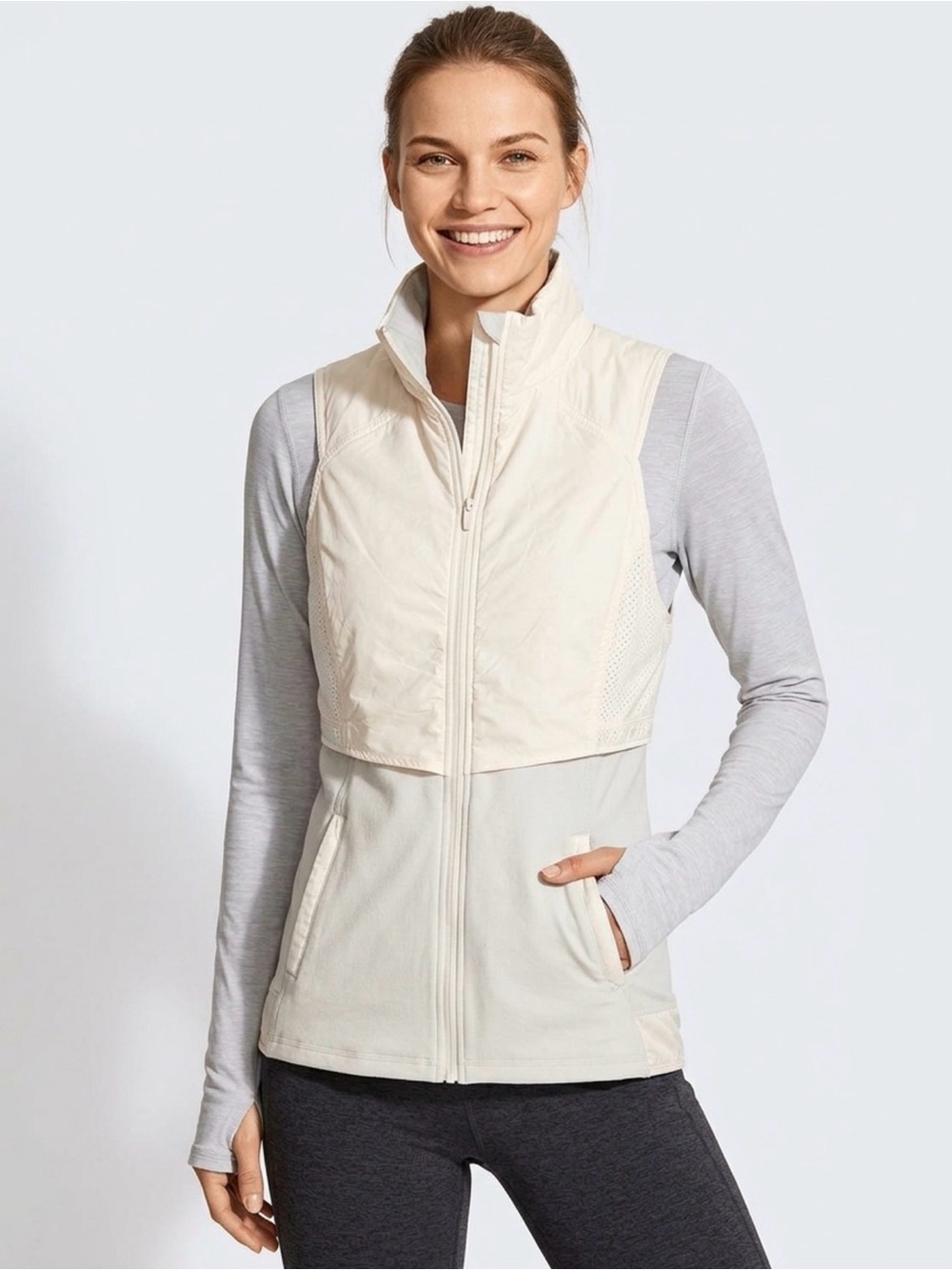 Lululemon Cream Sleeveless Zip-Up Vest with Ponytail Hood Option, pockets EUC